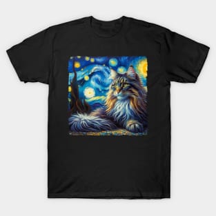 Norwegian Forest Starry Night Inspired - Artistic Cat T-Shirt